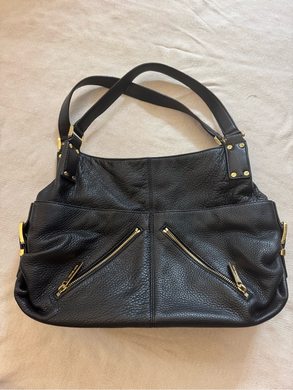 Michael Kors Black Pebbled Leather Shoulder Tote with Gold Hardware